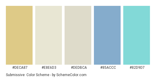 Submissive - Color scheme palette thumbnail - #DECA87 #E8E6D3 #DEDBCA #85ACCC #82D9D7 