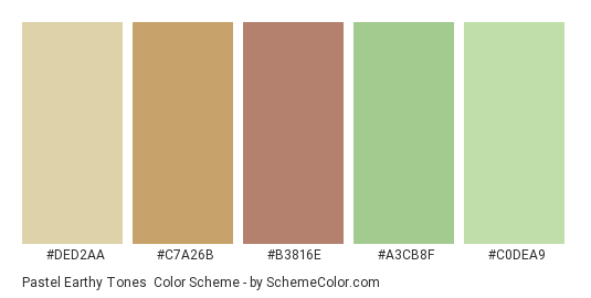Pastel Earthy Tones - Color scheme palette thumbnail - #DED2AA #C7A26B #B3816E #A3CB8F #C0DEA9 