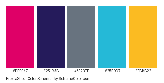 PrestaShop - Color scheme palette thumbnail - #DF0067 #251B5B #68737F #25B9D7 #FBBB22 
