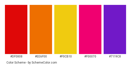 Ganpati Visarjan - Color scheme palette thumbnail - #DF0808 #EE6F00 #F0CB10 #F00070 #7119C8 