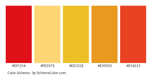Sweet Apple - Color scheme palette thumbnail - #DF121A #FED575 #EEC028 #E99920 #E94223 
