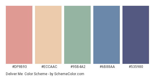 Deliver Me - Color scheme palette thumbnail - #DF9B93 #ECCAAC #95B4A2 #6B88AA #535980 