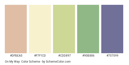 On My Way - Color scheme palette thumbnail - #DFBEA5 #F7F1CD #CDD897 #90B886 #707099 