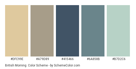 British Morning - Color scheme palette thumbnail - #DFC99E #A79D89 #415466 #6A858B #B7D2C6 