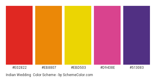Indian Wedding - Color scheme palette thumbnail - #E02822 #EB8807 #ebd503 #D9438E #513083 