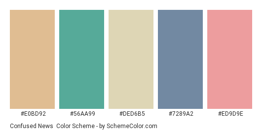 Confused News - Color scheme palette thumbnail - #E0BD92 #56AA99 #DED6B5 #7289A2 #ED9D9E 