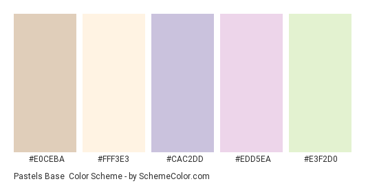 Pastels Base - Color scheme palette thumbnail - #E0CEBA #FFF3E3 #CAC2DD #EDD5EA #E3F2D0 