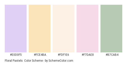 Floral Pastels - Color scheme palette thumbnail - #E0D0F5 #FCE4BA #FDF1E6 #F7DAE8 #B7CAB4 