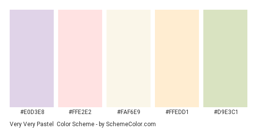 Very Very Pastel - Color scheme palette thumbnail - #E0D3E8 #FFE2E2 #FAF6E9 #FFEDD1 #D9E3C1 