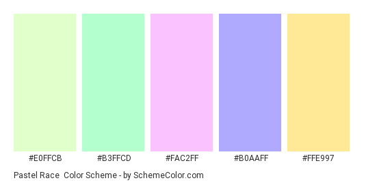 Pastel Race - Color scheme palette thumbnail - #E0FFCB #B3FFCD #FAC2FF #B0AAFF #FFE997 