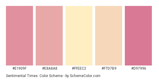 Sentimental Times - Color scheme palette thumbnail - #E1909F #E8A8A8 #FFEEC2 #F7D7B9 #D97996 