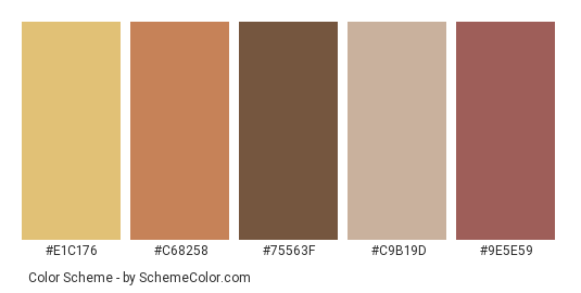 Autumn Escapes - Color scheme palette thumbnail - #E1C176 #C68258 #75563F #C9B19D #9E5E59 