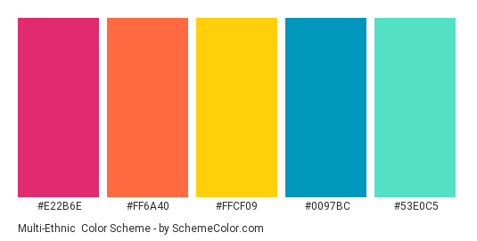 Multi-Ethnic - Color scheme palette thumbnail - #E22B6E #FF6A40 #FFCF09 #0097BC #53e0c5 