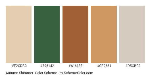 Autumn Shimmer - Color scheme palette thumbnail - #E2CDB0 #396142 #A16138 #CE9661 #D5CBC0 