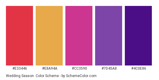 Wedding Season - Color scheme palette thumbnail - #E33446 #E8A94A #CC3590 #7D45A8 #4c0e86 