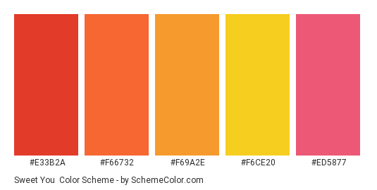 Sweet You - Color scheme palette thumbnail - #E33B2A #F66732 #F69A2E #F6CE20 #ED5877 