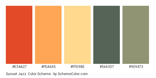 Sunset Jazz - Color scheme palette thumbnail - #E34A27 #FEA655 #FFD98E #566357 #909473 