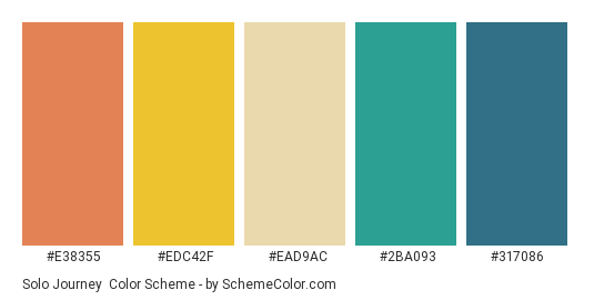 Solo Journey - Color scheme palette thumbnail - #E38355 #EDC42F #EAD9AC #2BA093 #317086 
