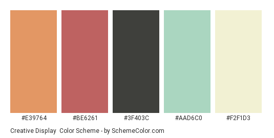 Creative Display - Color scheme palette thumbnail - #E39764 #BE6261 #3F403C #AAD6C0 #F2F1D3 