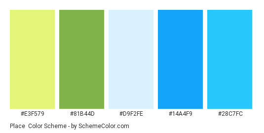 Place - Color scheme palette thumbnail - #E3F579 #81B44D #D9F2FE #14A4F9 #28C7FC 