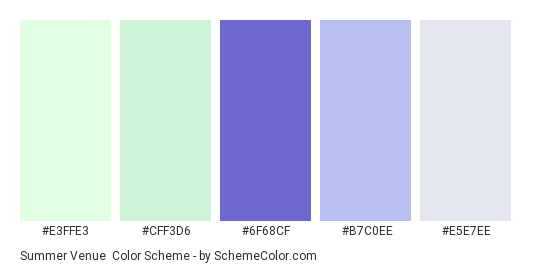 Summer Venue - Color scheme palette thumbnail - #E3FFE3 #CFF3D6 #6F68CF #B7C0EE #E5E7EE 