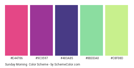Sunday Morning - Color scheme palette thumbnail - #E44786 #9C3597 #483A85 #8BDDA0 #C8F08D 