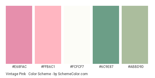Vintage Pink & Green - Color scheme palette thumbnail - #E68FAC #FFB6C1 #FCFCF7 #6C9E87 #ABBD9D 