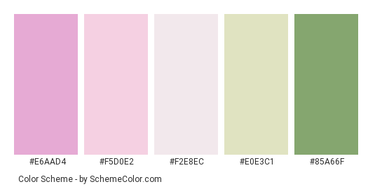White Pink Lotus Flower - Color scheme palette thumbnail - #E6AAD4 #F5D0E2 #F2E8EC #E0E3C1 #85A66F 
