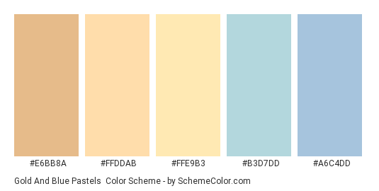Gold and Blue Pastels - Color scheme palette thumbnail - #E6BB8A #FFDDAB #FFE9B3 #B3D7DD #A6C4DD 