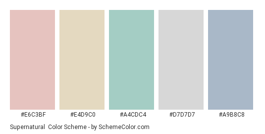 Supernatural - Color scheme palette thumbnail - #E6C3BF #E4D9C0 #A4CDC4 #D7D7D7 #A9B8C8 