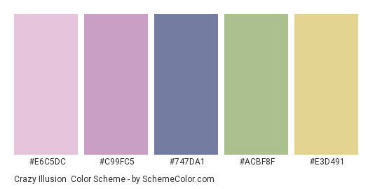 Crazy Illusion - Color scheme palette thumbnail - #E6C5DC #C99FC5 #747DA1 #ACBF8F #E3D491 