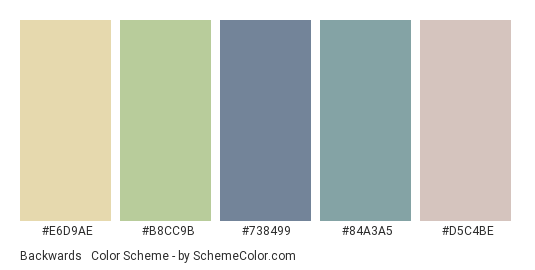 Backwards & Forwards - Color scheme palette thumbnail - #E6D9AE #B8CC9B #738499 #84A3A5 #D5C4BE 
