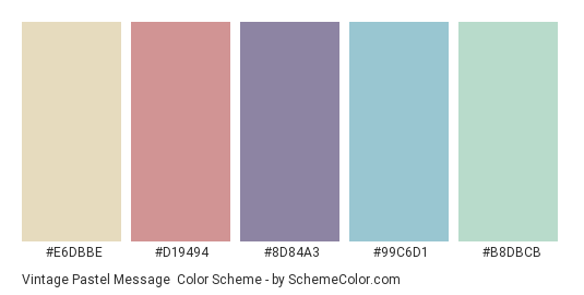 Vintage Pastel Message - Color scheme palette thumbnail - #E6DBBE #D19494 #8D84A3 #99C6D1 #B8DBCB 