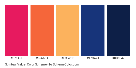 Spiritual Value - Color scheme palette thumbnail - #E71A5F #F5663A #FCB25D #17347A #0D1F47 
