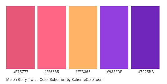 Melon-Berry Twist - Color scheme palette thumbnail - #E75777 #FF6685 #FFB366 #933EDE #7025BB 