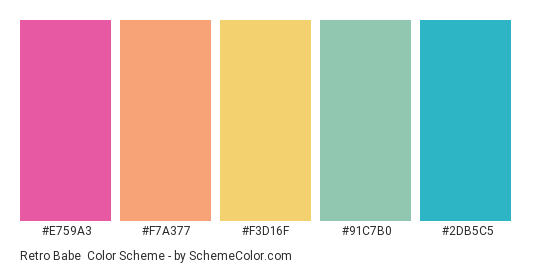 Retro babe - Color scheme palette thumbnail - #E759A3 #F7A377 #F3D16F #91C7B0 #2DB5C5 