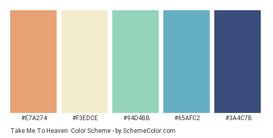 Take Me to Heaven - Color scheme palette thumbnail - #E7A274 #F3EDCE #94D4BB #65AFC2 #3A4C7B 