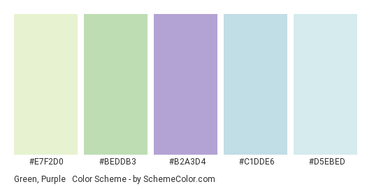 Green, Purple & Blue Pastels - Color scheme palette thumbnail - #E7F2D0 #BEDDB3 #B2A3D4 #C1DDE6 #D5EBED 