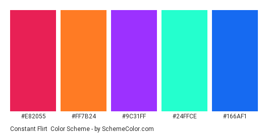 Constant Flirt - Color scheme palette thumbnail - #E82055 #FF7B24 #9C31FF #24FFCE #166AF1 