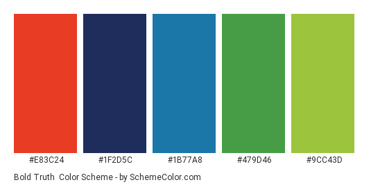 Bold Truth - Color scheme palette thumbnail - #E83C24 #1F2D5C #1B77A8 #479D46 #9CC43D 