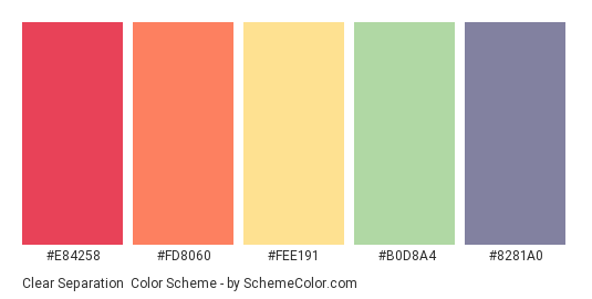 Clear Separation - Color scheme palette thumbnail - #E84258 #FD8060 #FEE191 #B0D8A4 #8281A0 
