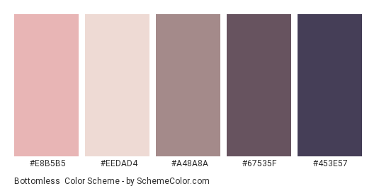 Bottomless - Color scheme palette thumbnail - #E8B5B5 #EEDAD4 #A48A8A #67535F #453E57 