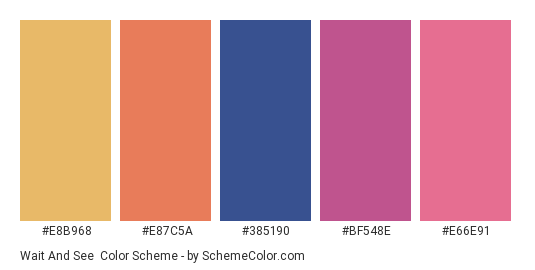 Wait and See - Color scheme palette thumbnail - #E8B968 #E87C5A #385190 #BF548E #E66E91 