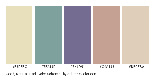 Good, Neutral, Bad - Color scheme palette thumbnail - #E8DFBC #7FA19D #746D91 #C4A193 #DECEBA 