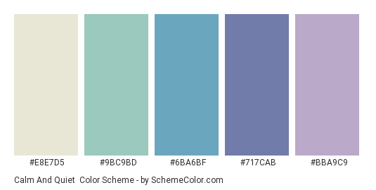 Calm and Quiet - Color scheme palette thumbnail - #E8E7D5 #9BC9BD #6BA6BF #717CAB #BBA9C9 