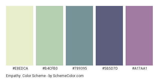 Empathy - Color scheme palette thumbnail - #E8EDCA #B4CFB0 #789395 #5B5D7D #A17AA1 