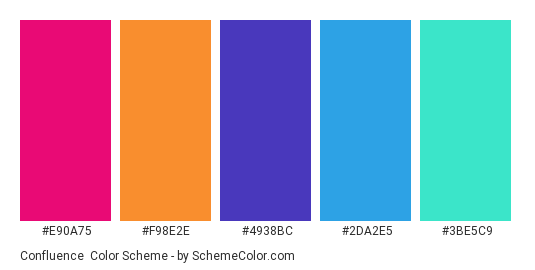 Confluence - Color scheme palette thumbnail - #E90A75 #F98E2E #4938BC #2DA2E5 #3BE5C9 