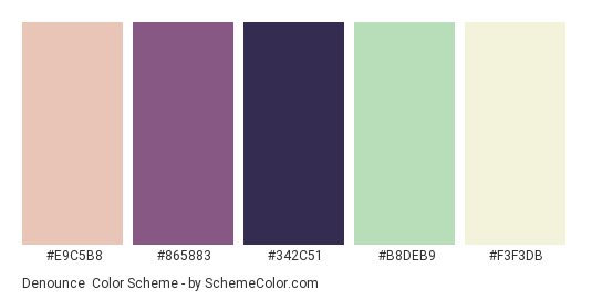 Denounce - Color scheme palette thumbnail - #E9C5B8 #865883 #342C51 #B8DEB9 #F3F3DB 