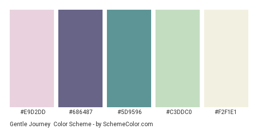 Gentle Journey - Color scheme palette thumbnail - #E9D2DD #686487 #5D9596 #C3DDC0 #F2F1E1 