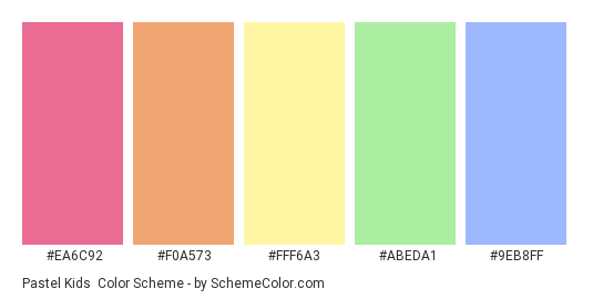 Pastel Kids - Color scheme palette thumbnail - #EA6C92 #F0A573 #FFF6A3 #ABEDA1 #9EB8FF 